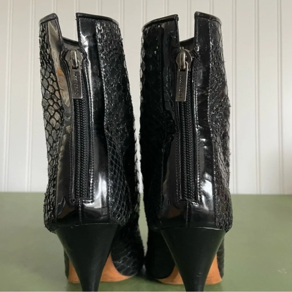 Jimmy Choo Patent Lace Spike Heeled Open Toe Booties in Black Python